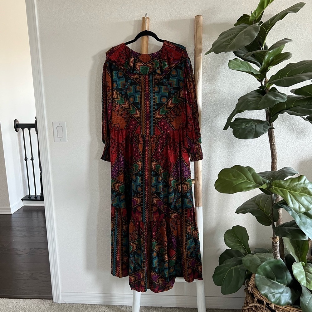 Farm Rio Yawanawa Stripes Midi Maxi Long Sleeve Mutlicolor Printed Dress - Picture 5 of 10